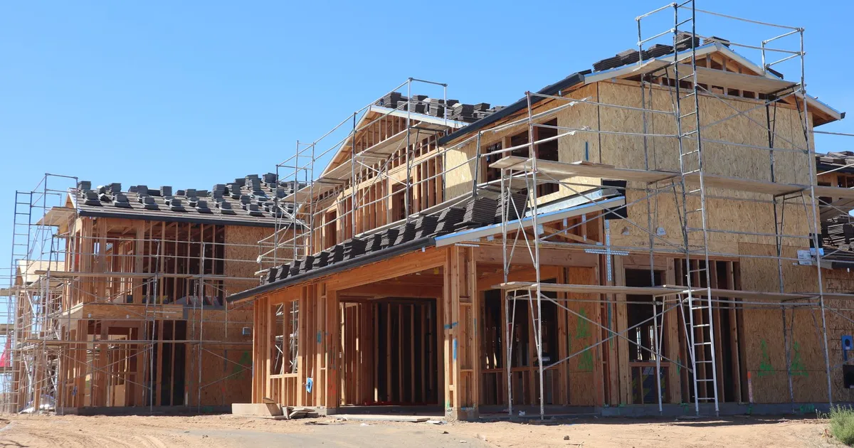 Timber-framed houses under construction with wood panel sheathing on the frames and scaffolding around them