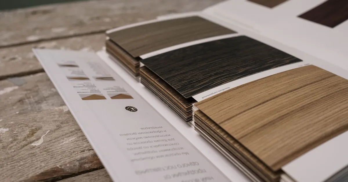 Sample swatches of wood-effect laminate in several tones and grain patterns laid out on a work table