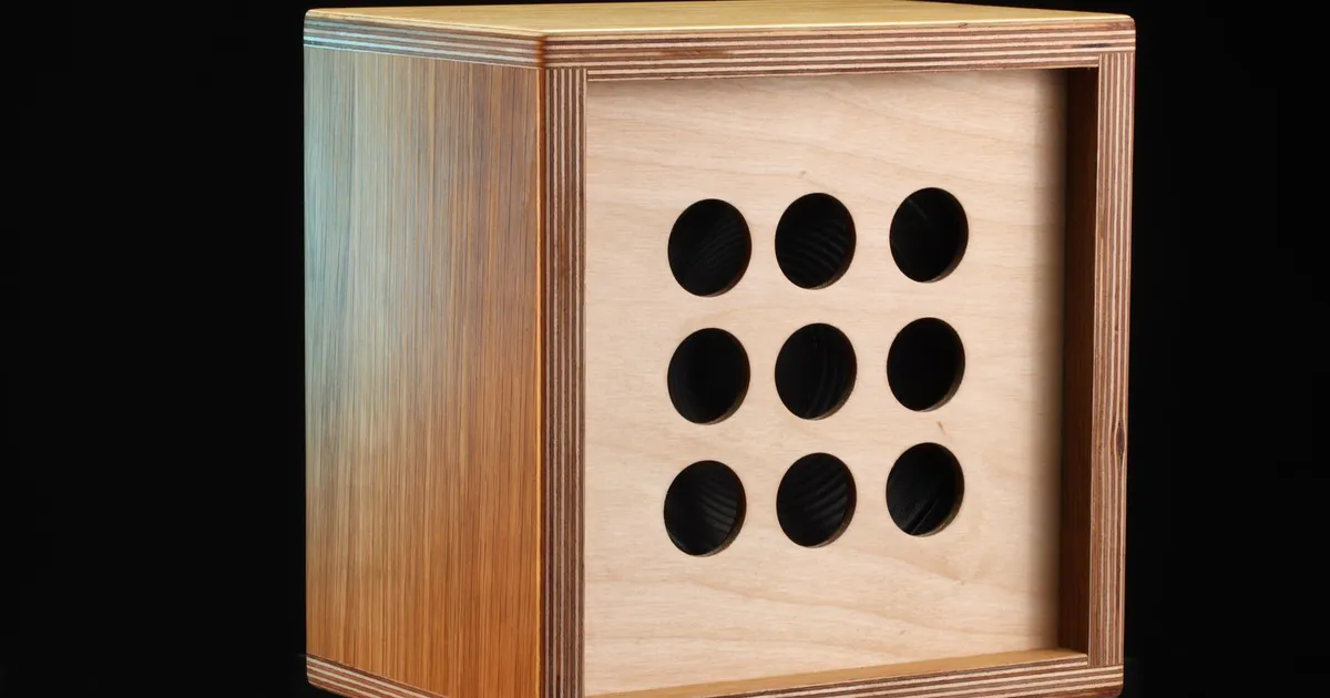 Small wooden plywood cabinet with the layers visible along its edges and a front panel with nine round holes